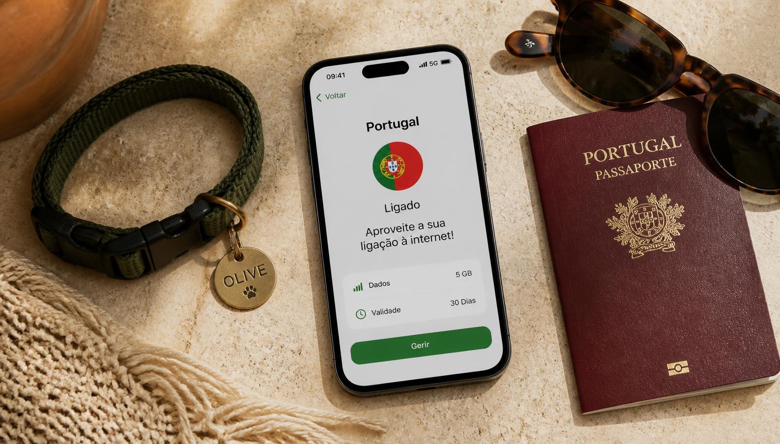 A phone showing a Portugal eSIM data plan beside a passport and a dog collar