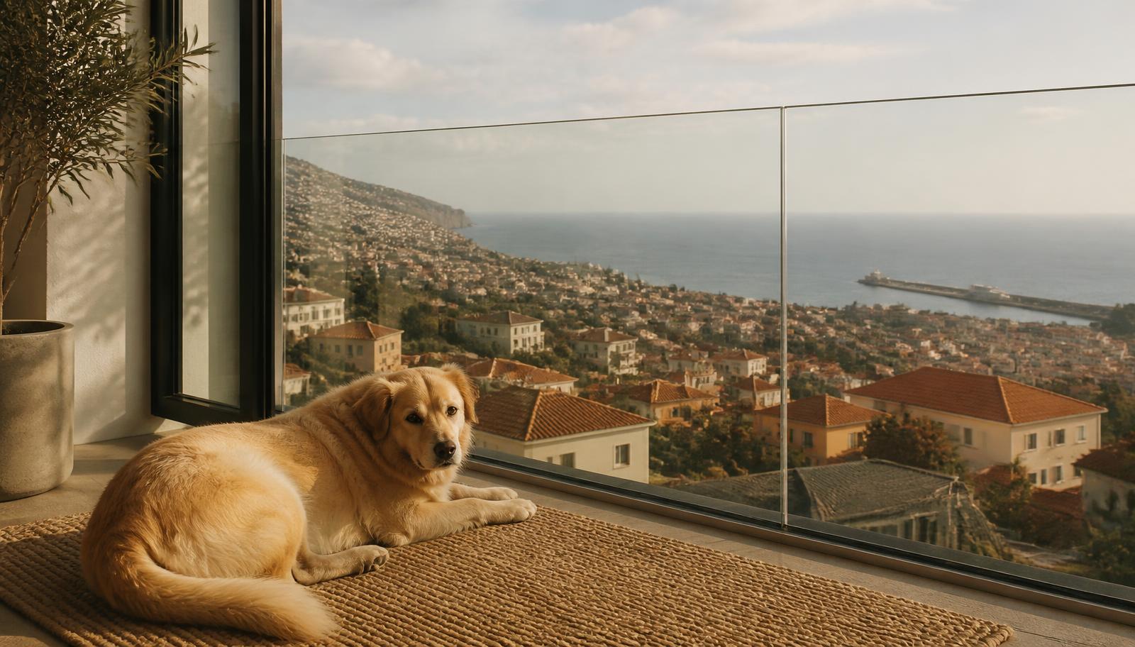 A dog resting on a sunlit apartment balcony overlooking Funchal and the Atlantic