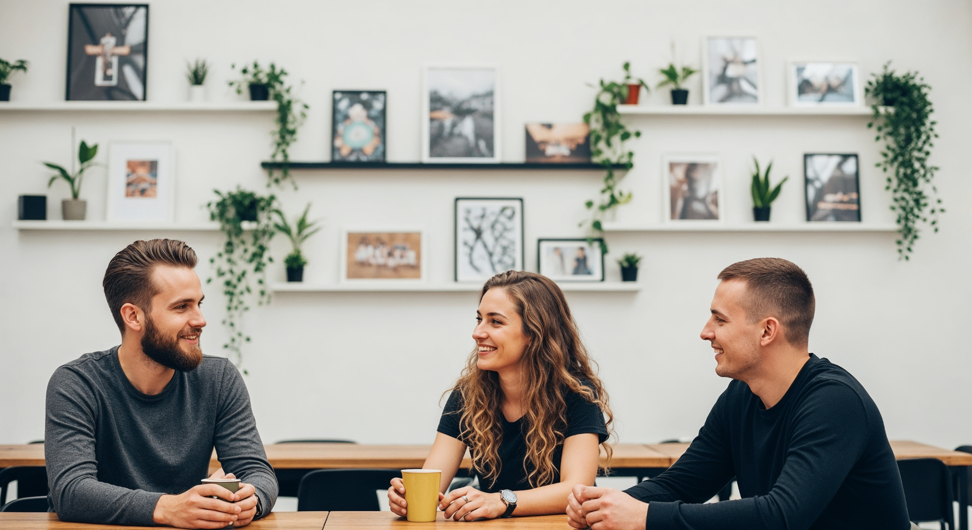 Bond guests sharing coffee around a communal table