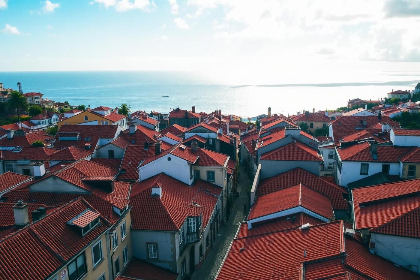 Rooftops and streets of central Funchal old town in late afternoon light
