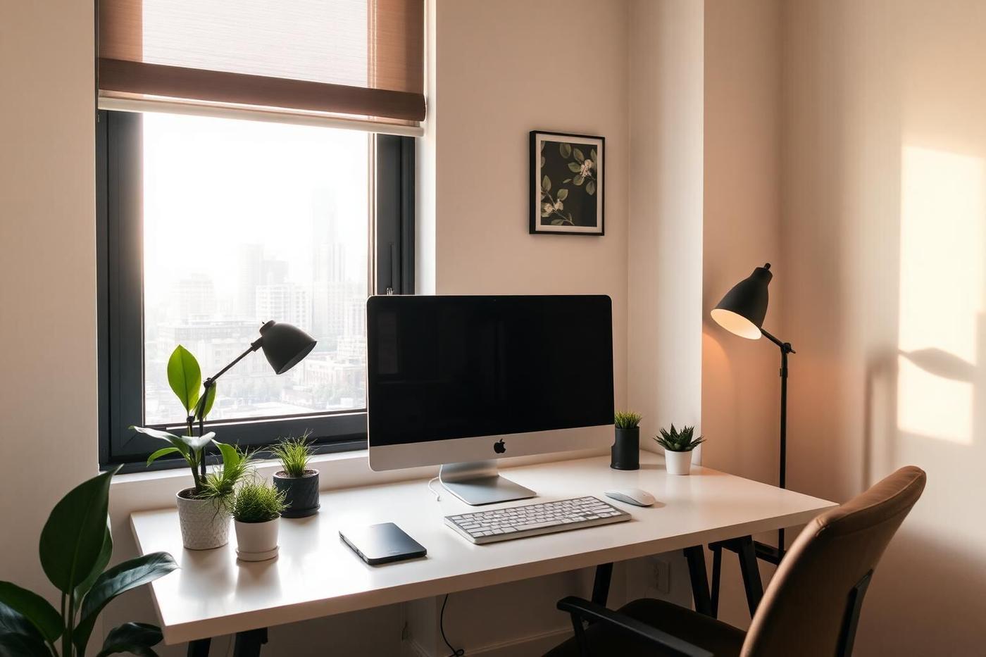A desk and ergonomic chair in a Bond apartment in Funchal with natural light